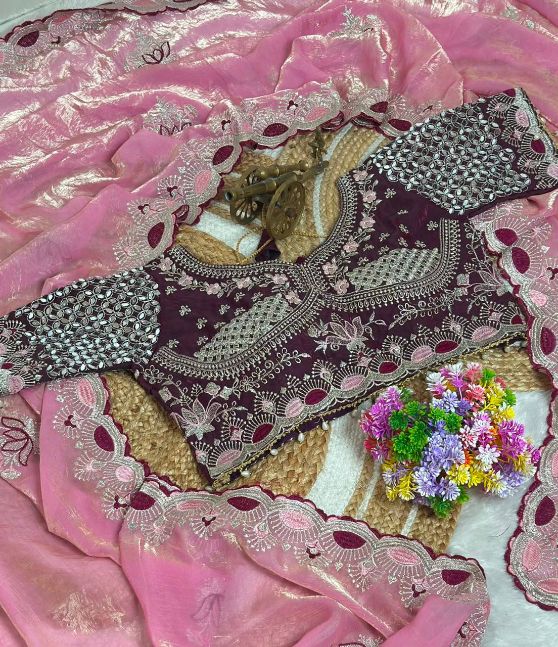 Pure Fandy satin material with c pallu embroidery work saree
