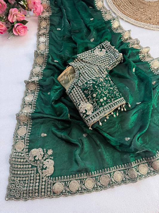 Pure Fandy satin material with c pallu embroidery work saree