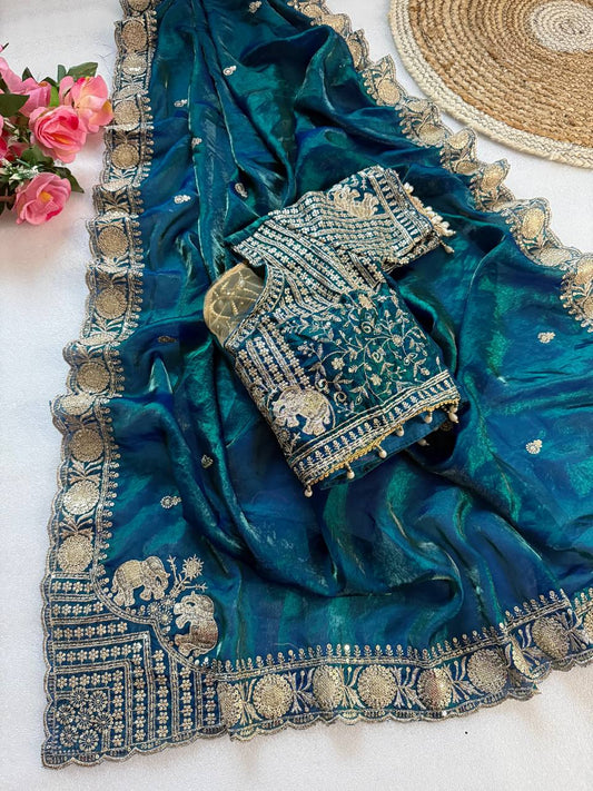 Pure Fandy satin material with c pallu embroidery work saree