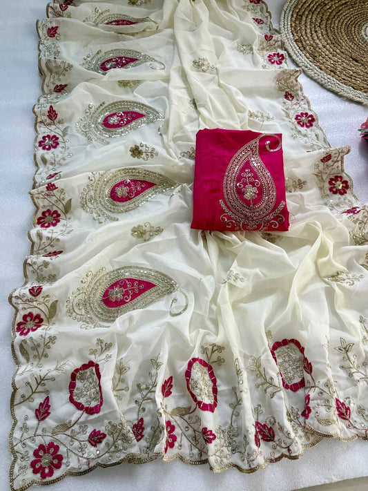 Pure star Georgette fabric with c pallu embroidery work saree