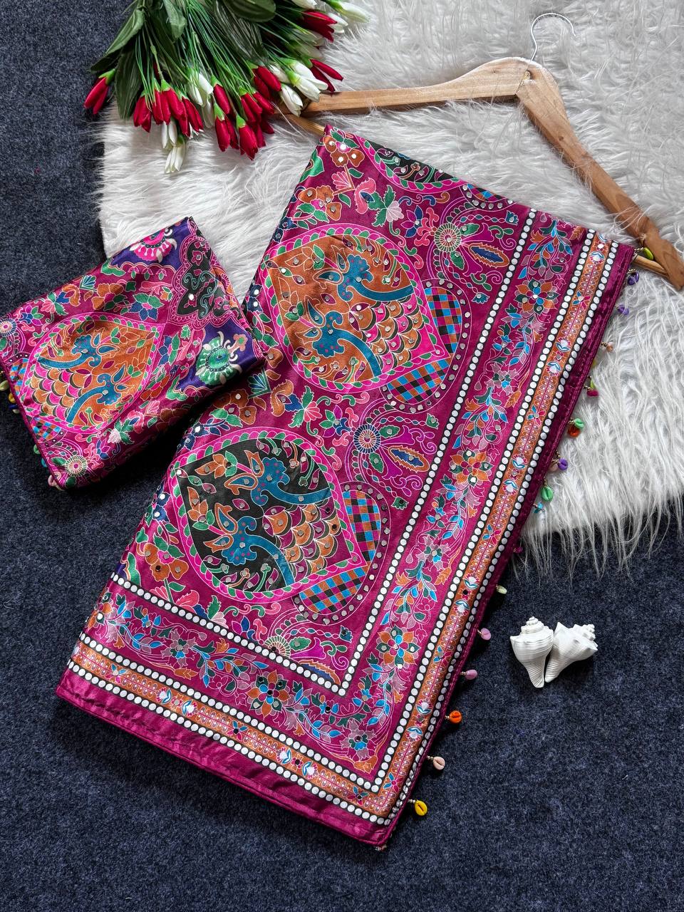 Roman Silk With ajarakh Print Saree