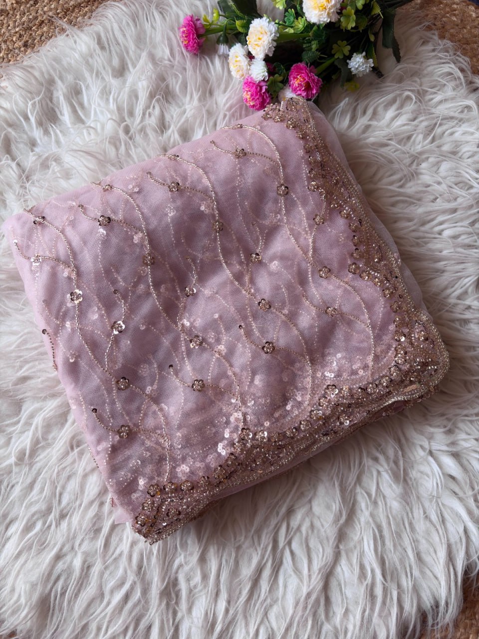 Pure Soft Net With Beautiful Original Rose Gold Beads Saree