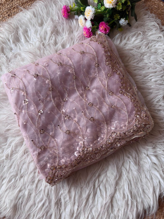 Pure Soft Net With Beautiful Original Rose Gold Beads Saree