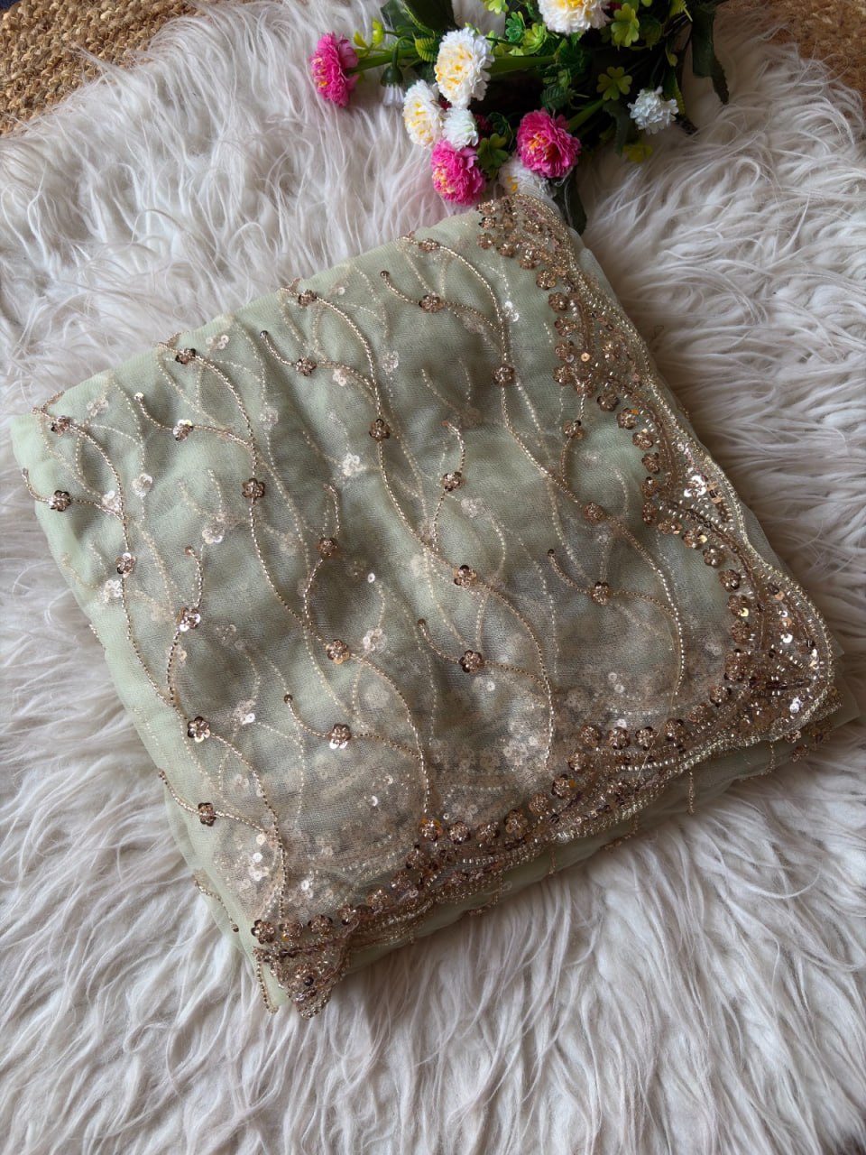 Pure Soft Net With Beautiful Original Rose Gold Beads Saree