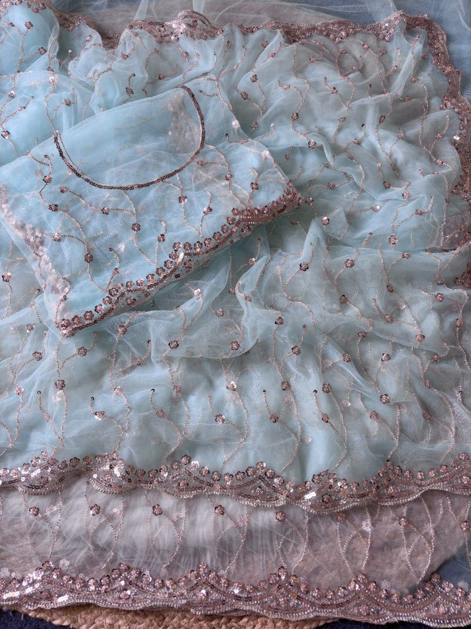 Pure Soft Net With Beautiful Original Rose Gold Beads Saree