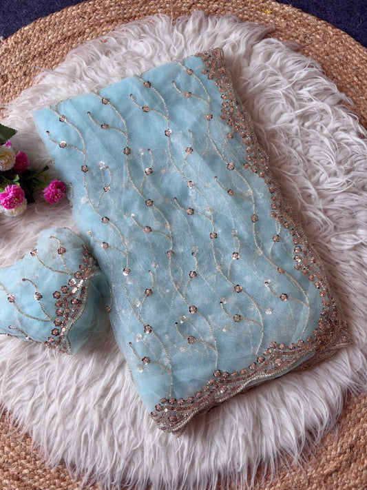 Pure Soft Net With Beautiful Original Rose Gold Beads Saree