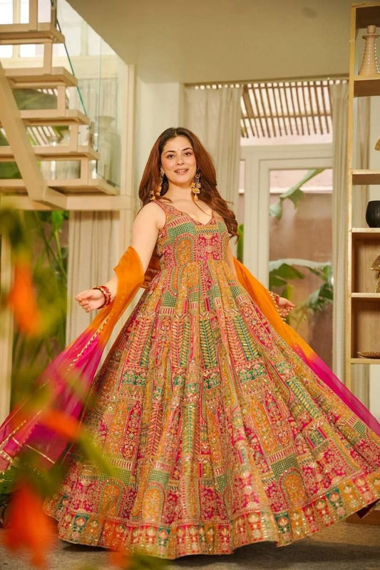 Digital printed Jimy organza silk suit with huge flair