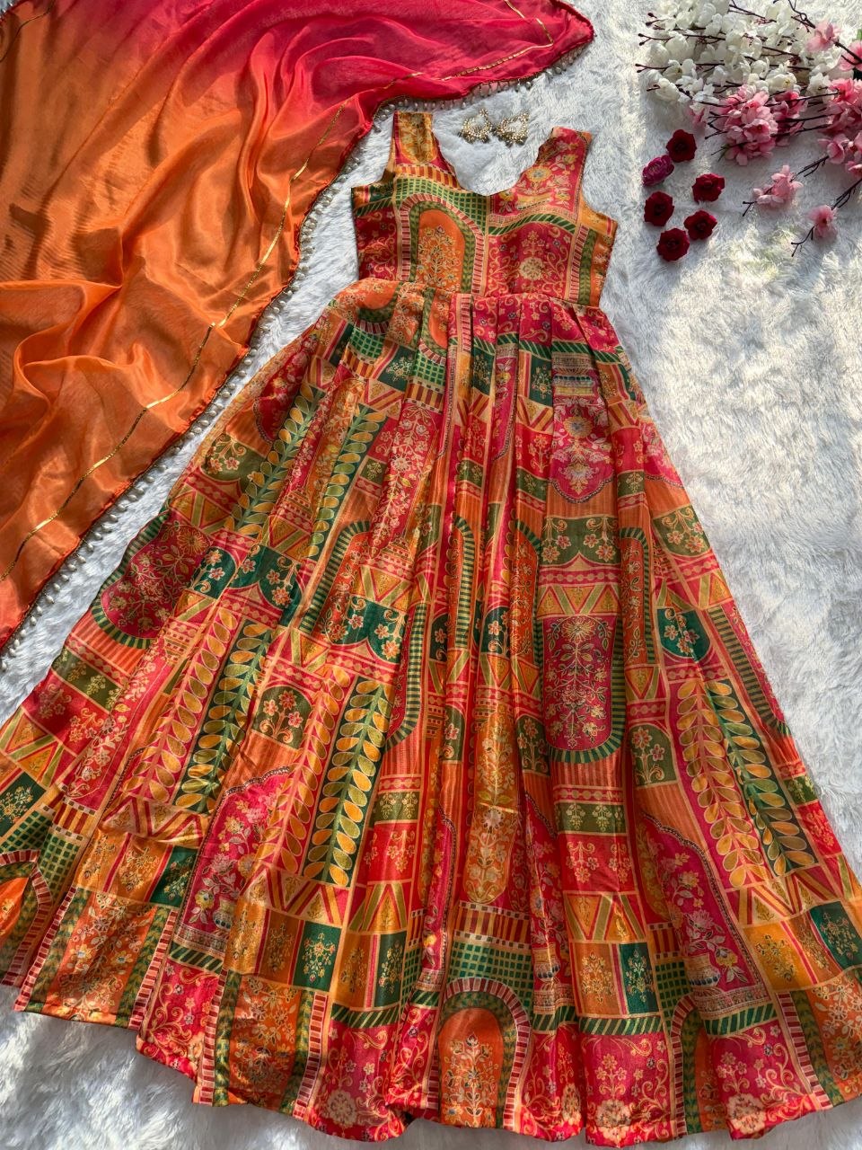 Digital printed Jimy organza silk suit with huge flair