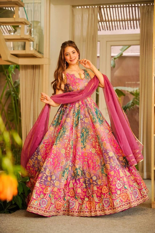Pure Jmy organza silk digital printed padded gown