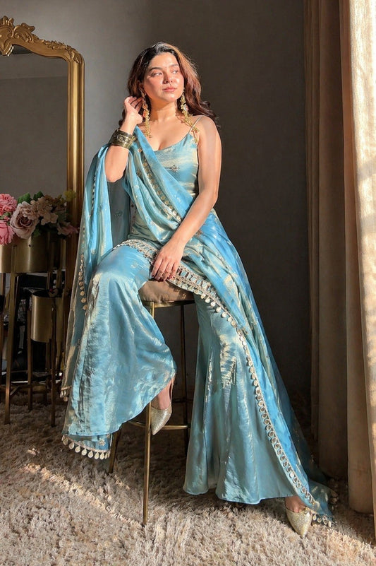 Premium Fandy Fabric Zari & Sequence Embroidery Work Sharara Set