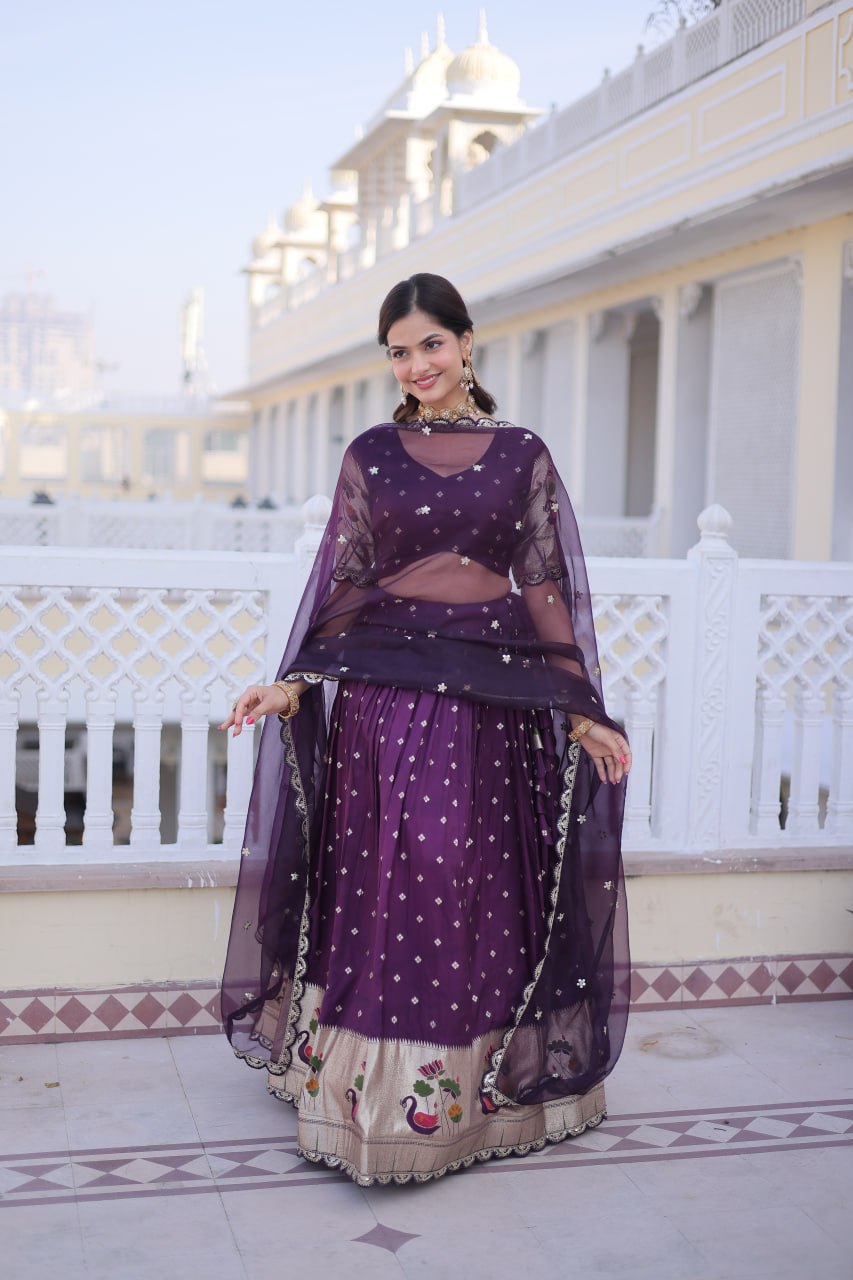 Dola silk with Meena Weaving With Sequins coding Embroidered lace lehenga