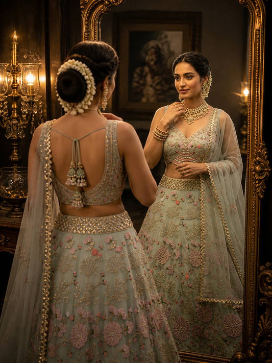 Einführung eines 4 Meter ausgestellten Tabby Silk Lehenga