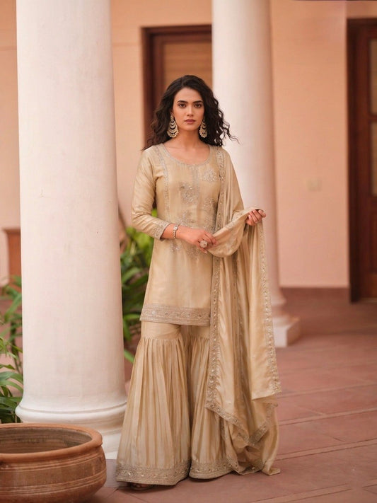 MOS Satin Dori Zari & Sequence Embroidery Sharara Set