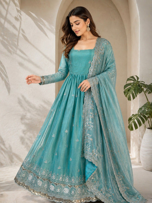 Premium Fandy Satin Zari Sequence Embroidery Work Gown
