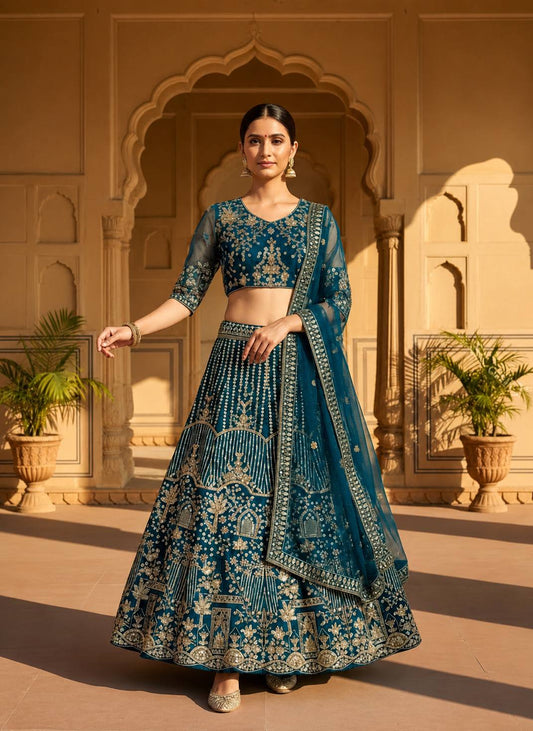 Butterfly Net Sequins and Codding Embroidery Work Lehenga