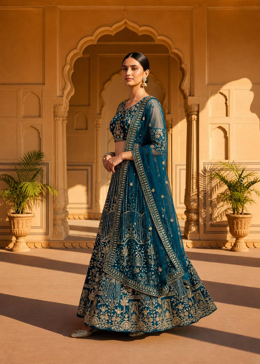 Butterfly Net Sequins and Codding Embroidery Work Lehenga