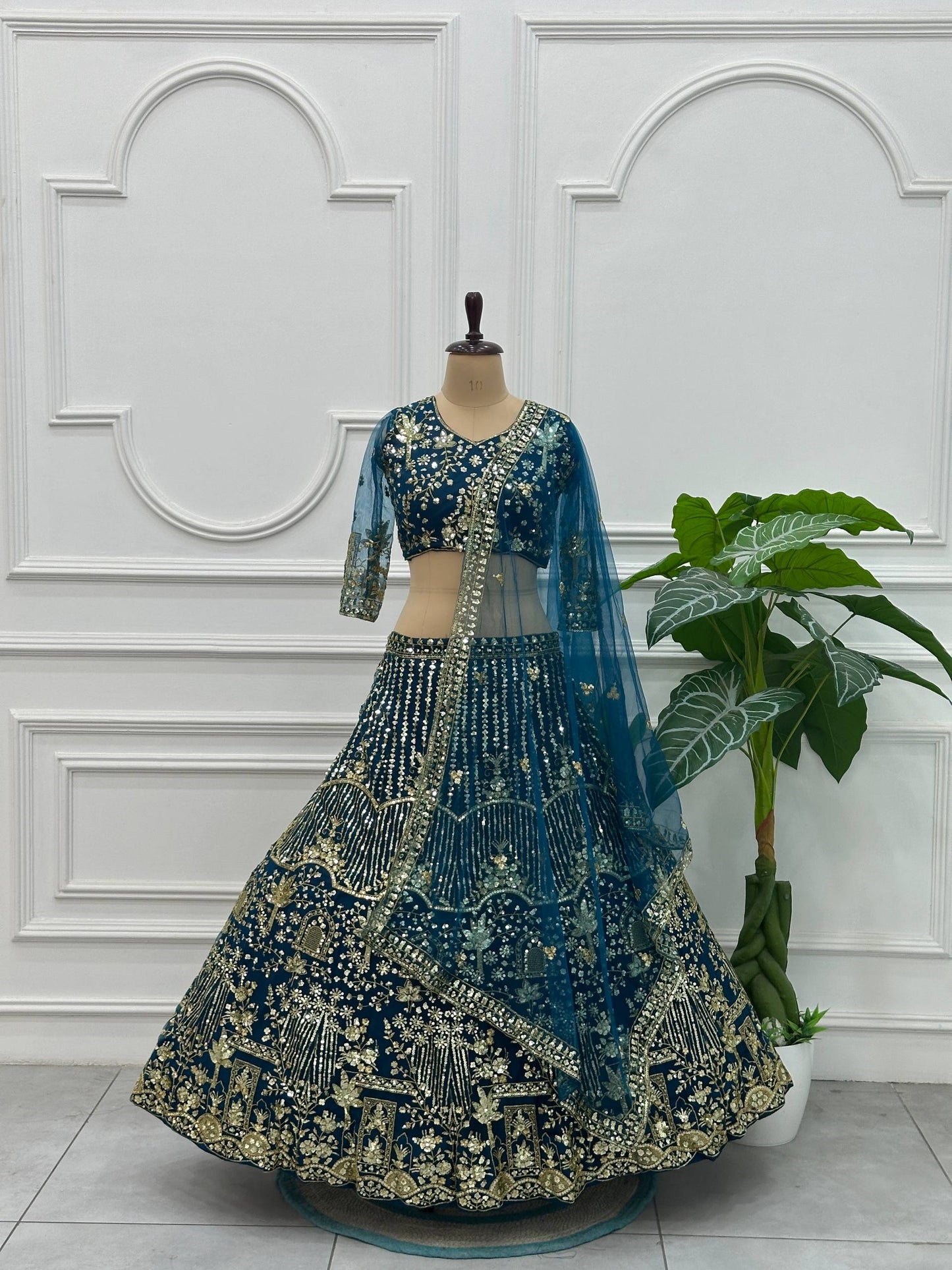 Butterfly Net Sequins and Codding Embroidery Work Lehenga