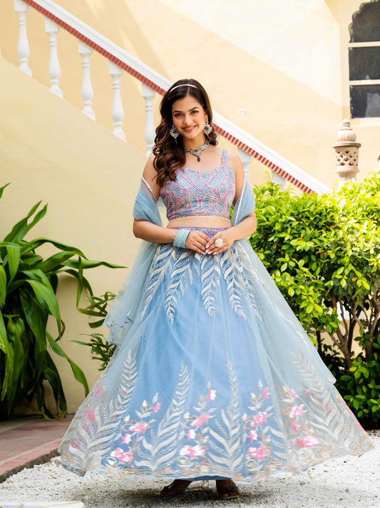 Soft Net STUNNING SKY BLUE LEHENGA CHOLI SET