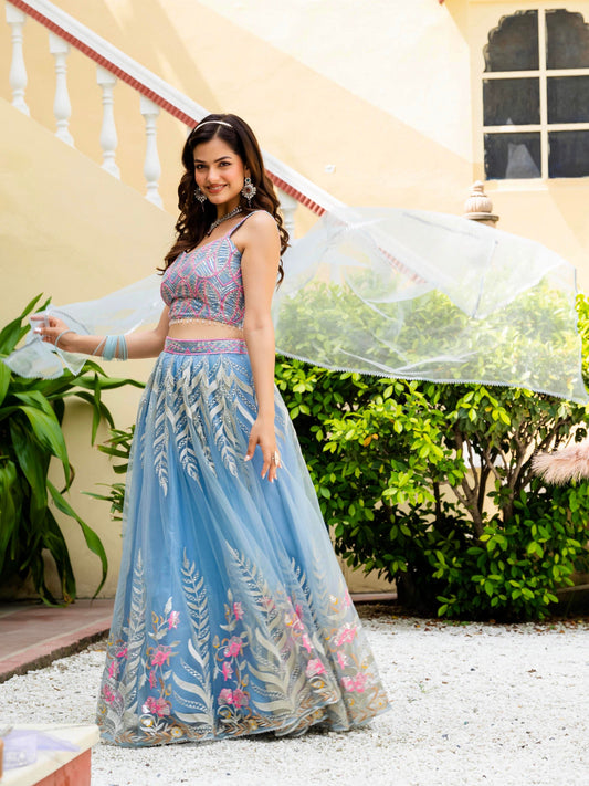 Soft Net STUNNING SKY BLUE LEHENGA CHOLI SET