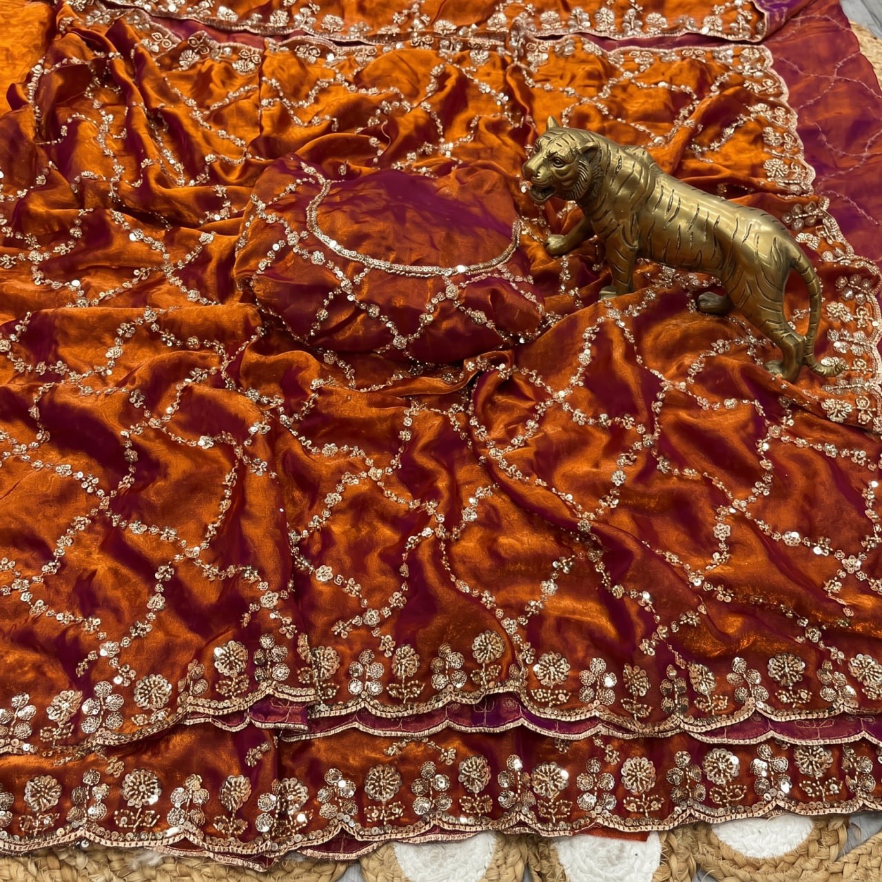 Pure Fandy Sattin Silk With Beautiful Original Gold Beads