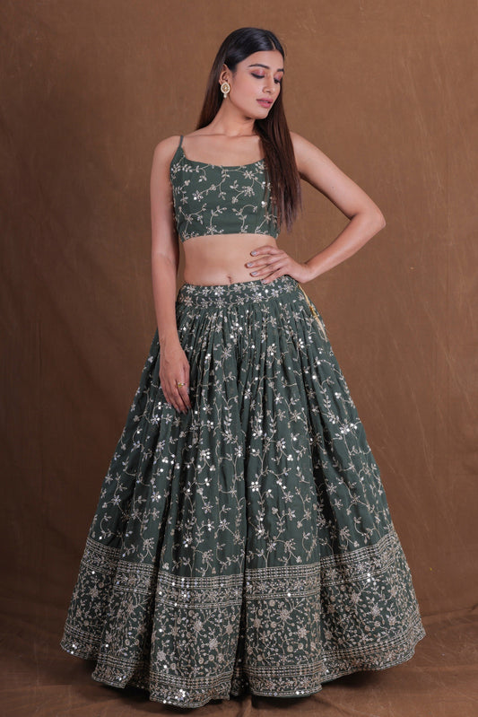 Georgette Zari Sequence Embroidery Work Lehenga
