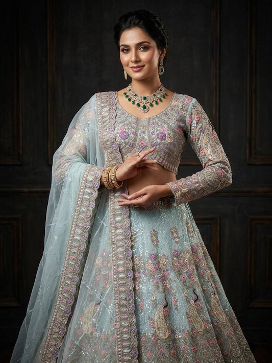Einführung eines 4 Meter ausgestellten Coding Sequins Work Lehenga