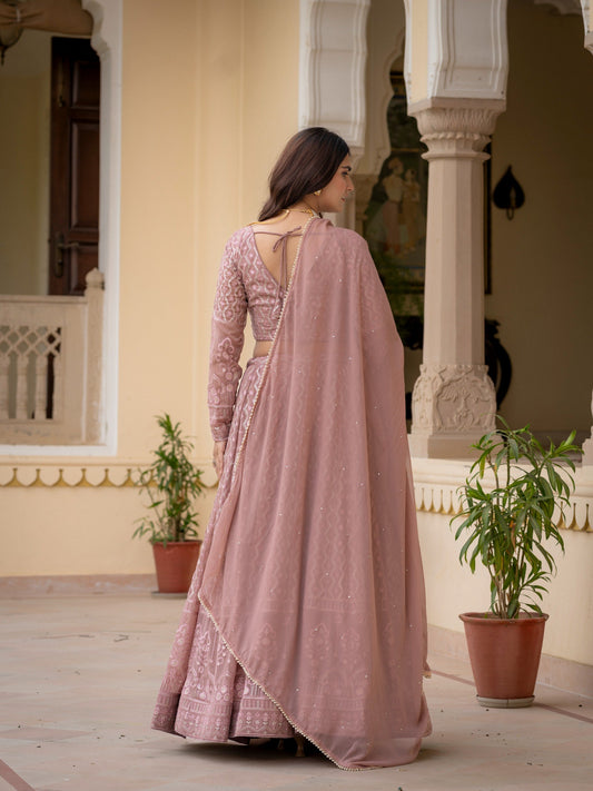 Faux Georgette Thread,Zari Sequence Embroidery Work Lehenga