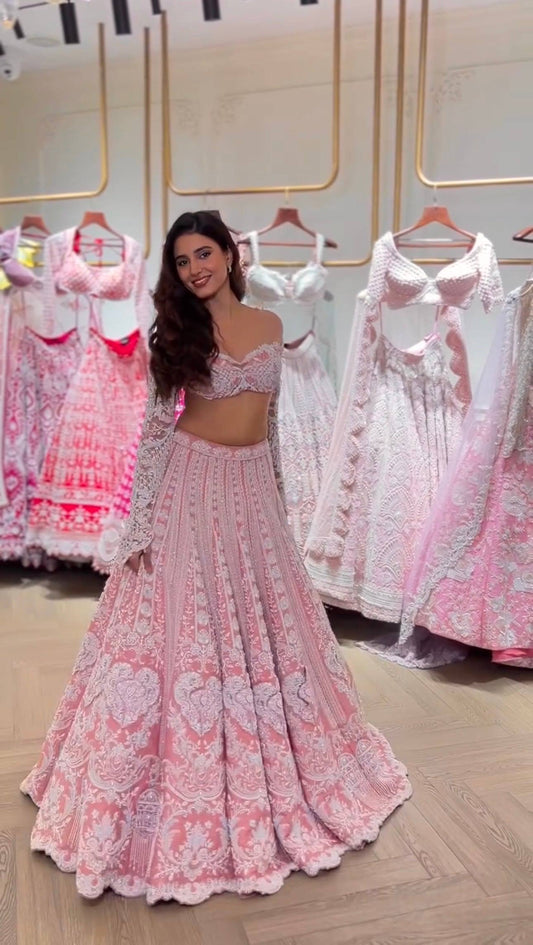 Slub silk lehenga with Resham dori & rainbow sequins work choli