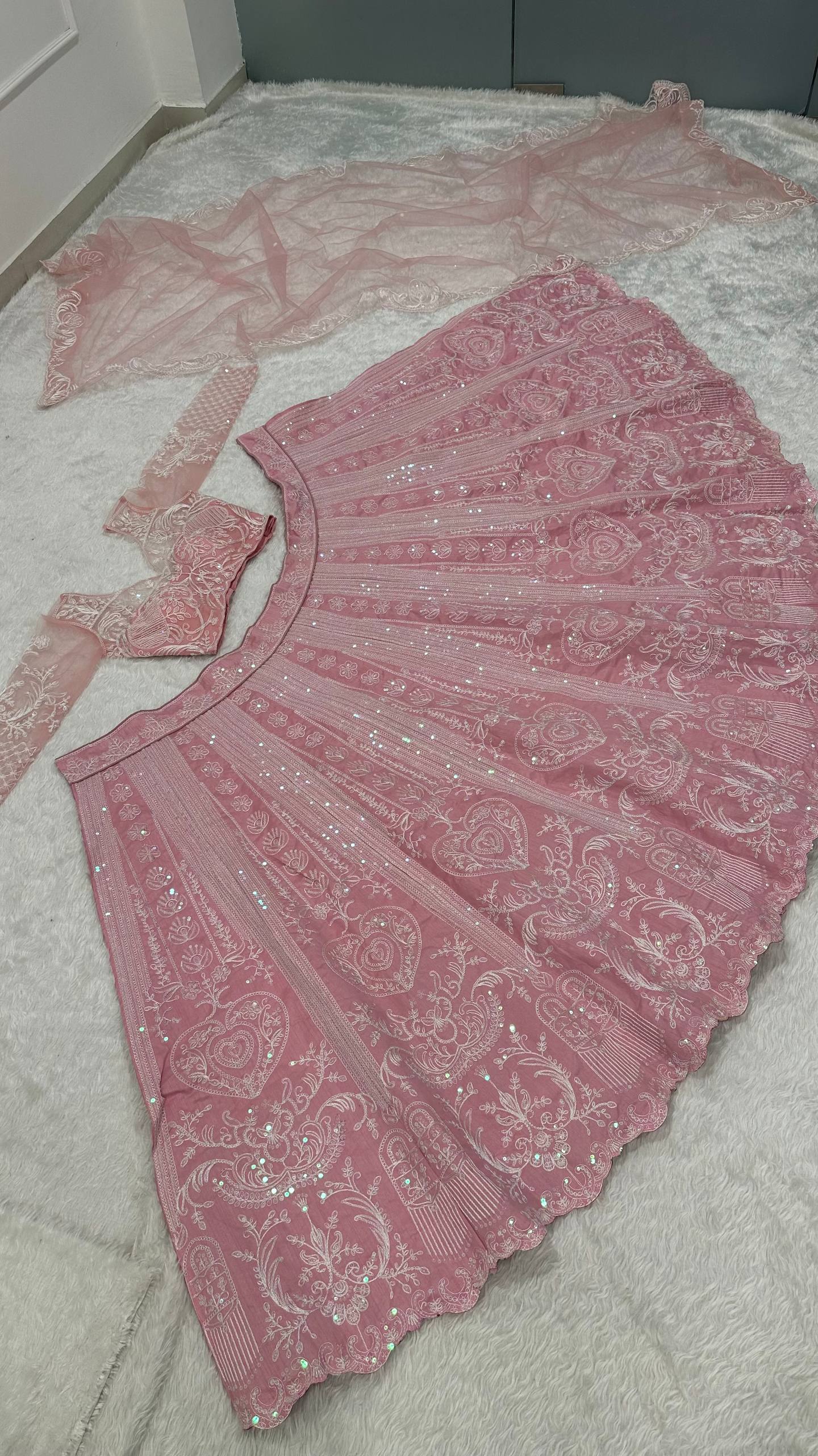 Slub silk lehenga with Resham dori & rainbow sequins work choli