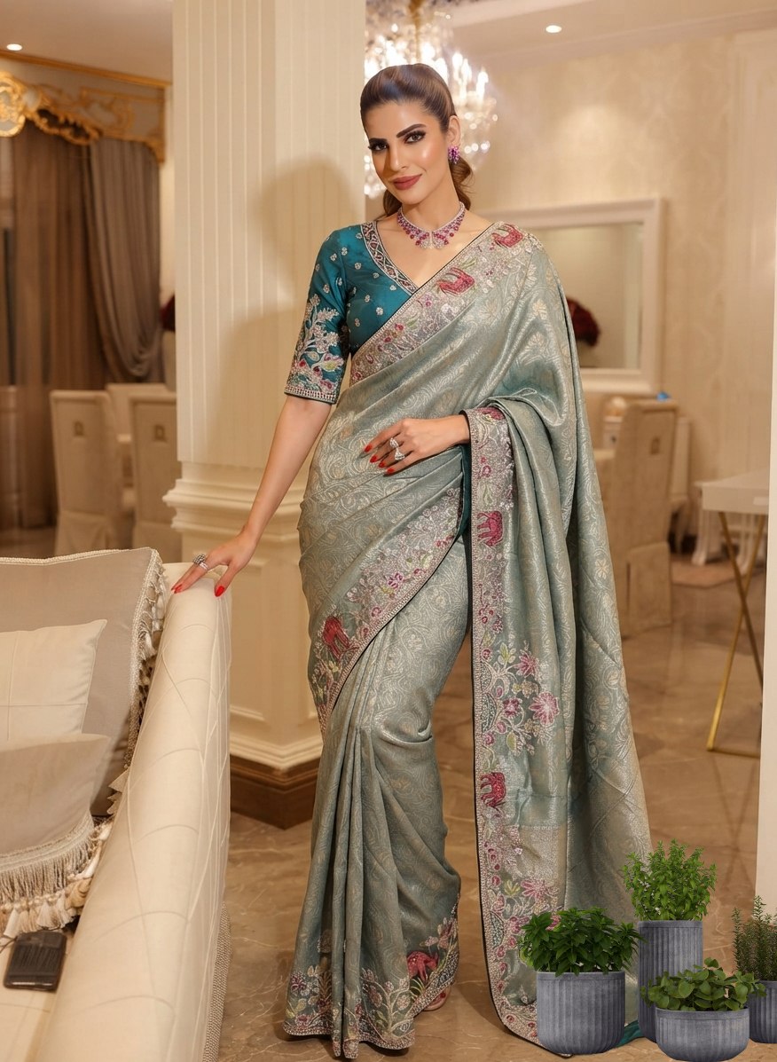 Wedding Wear Pure Kanjivarm Silk Heavy Embroidery Work Saree