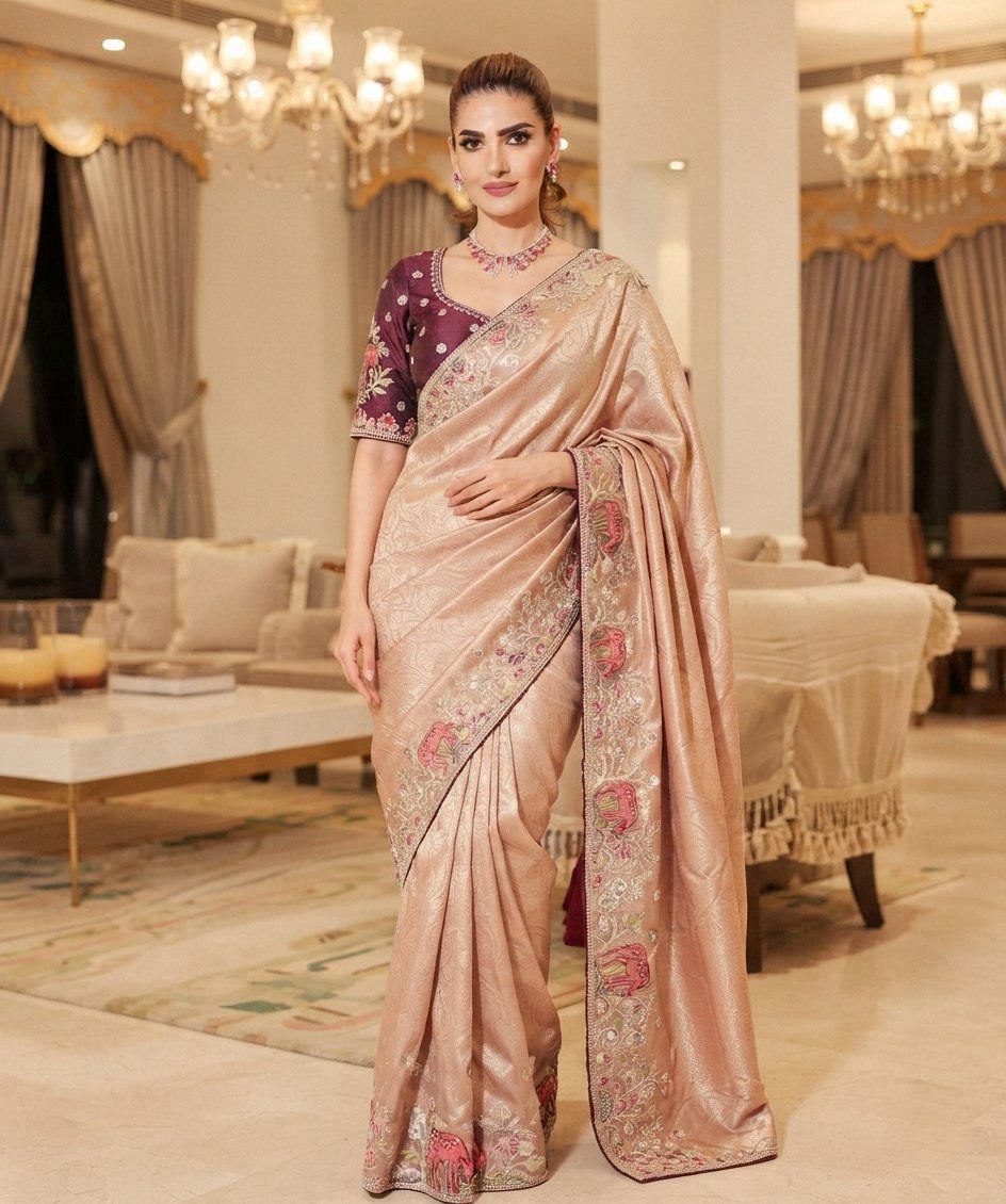 Wedding Wear Pure Kanjivarm Silk Heavy Embroidery Work Saree