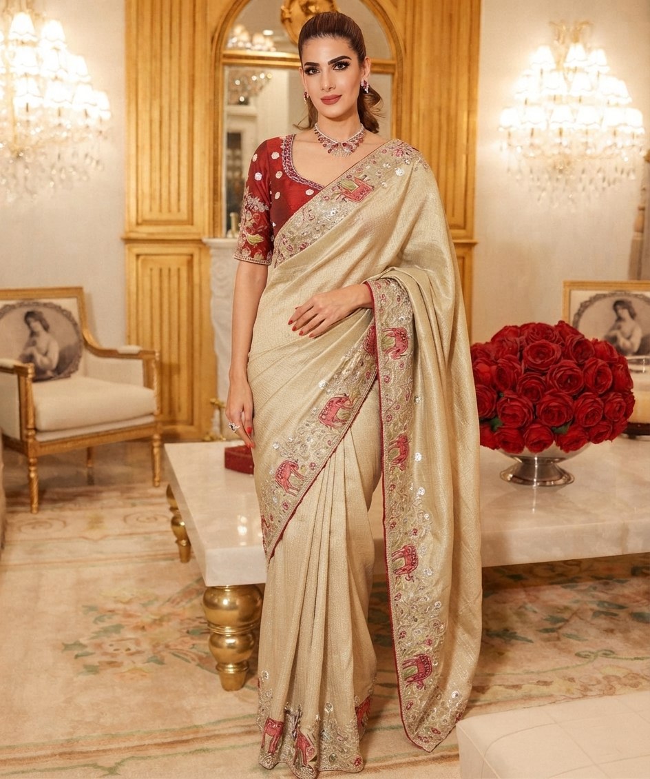 Wedding Wear Pure Kanjivarm Silk Heavy Embroidery Work Saree