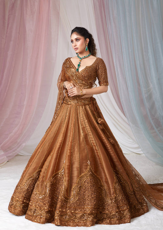 Satin silk lehenga with sequins & Dori work