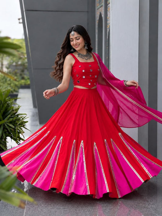 Cotton kali + mirror work lace fully stitched lehenga
