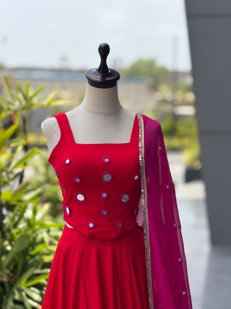 Cotton kali + mirror work lace fully stitched lehenga
