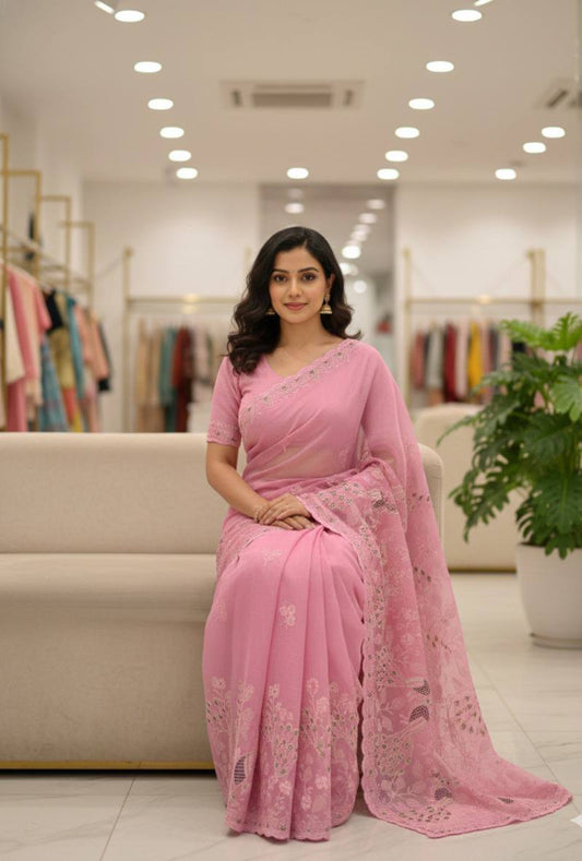 Pure Soft linen coton silk with digital print and Khatli and foil work saree