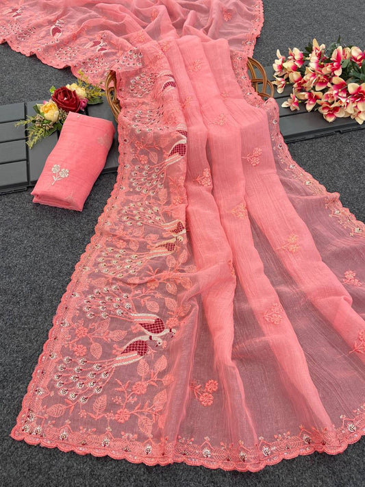 Pure Soft linen coton silk with digital print and Khatli and foil work saree