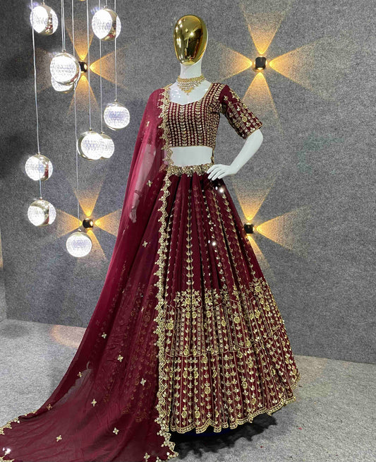 Maroon Colour Embroidered Attractive Party Wear Silk Lehenga choli