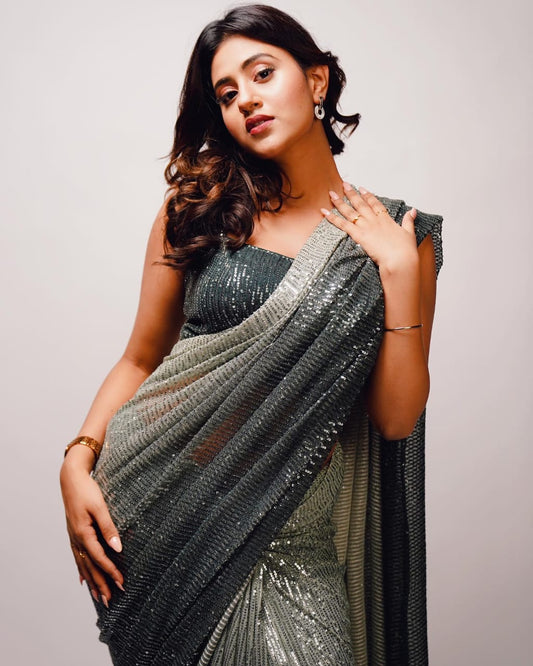 BEAUTIFUL PARTY WEAR DOUBLE  SHADED  GEORGETTE  DIGITAL PRINTED SAREE  WITH 3MM SEQUINWORK BLOUSE 🚀 *