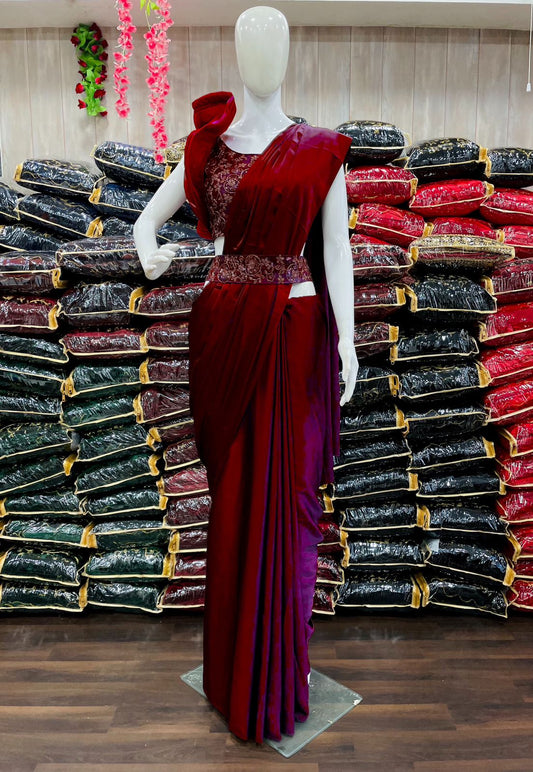 RED BOLLYWOOD TRENDING SATIN SAREE with CODING & SEQUINS EMBROIDERY WORK BLOUSE