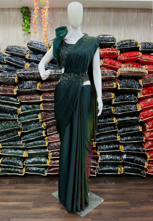GREEN BOLLYWOOD TRENDING SATIN SAREE with CODING & SEQUINS EMBROIDERY WORK BLOUSE
