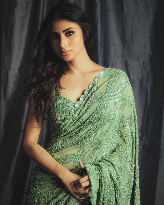 Mouni Roy EMBROIDERED ZARI & SEQUINS ALL OVER WORK WITH LACE BORDER SAREE INSPIRED BY CELEBRITY