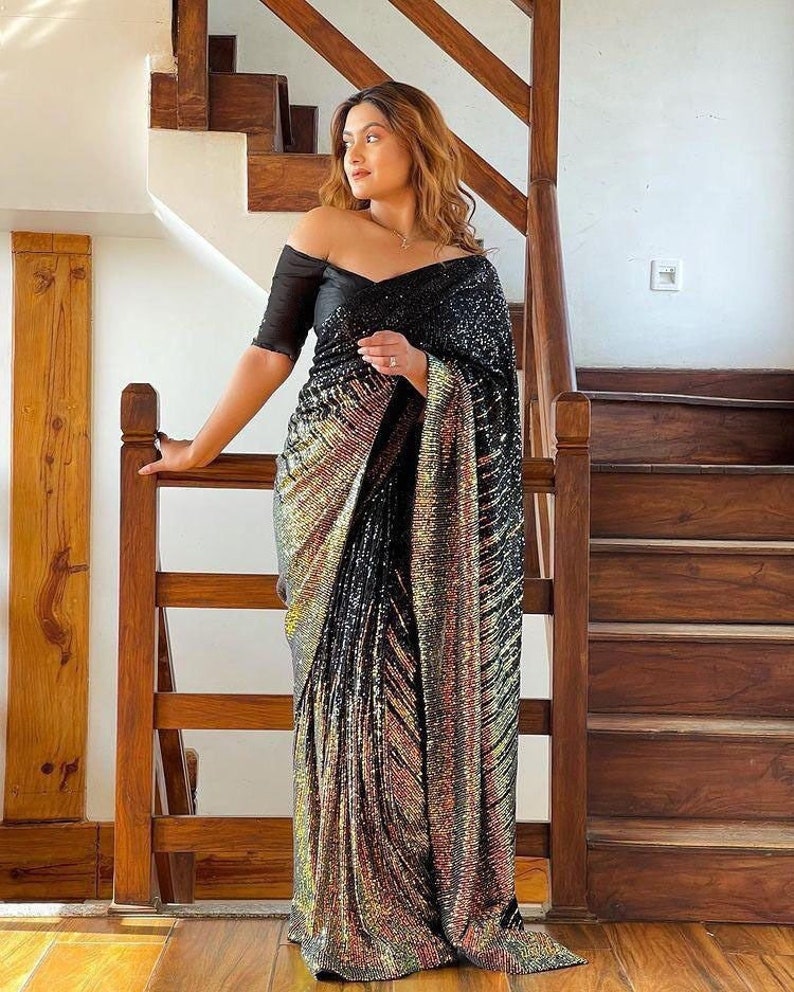 Rainbow print Sequence saree with store blouse sequins sari party wear sequence saree glitter shimmer free shipping festive