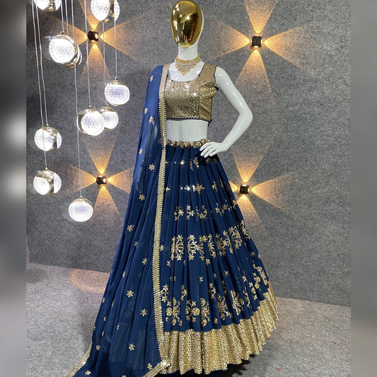 Navy Blue Colour Embroidered Attractive Party Wear Georgette Lehenga choli