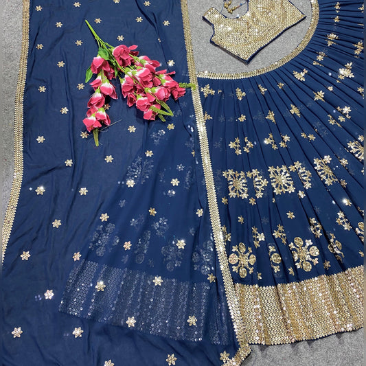 Navy Blue Colour Embroidered Attractive Party Wear Georgette Lehenga choli