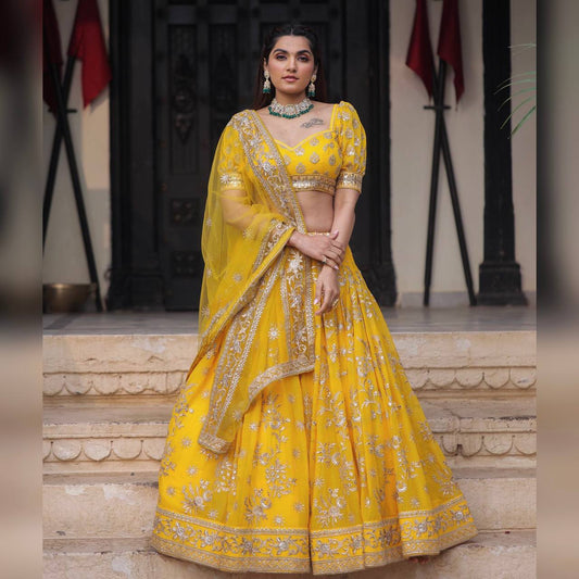 HALDI SPECIAL Yellow  Colour Embroidered Attractive Party Wear Silk Lehenga choli N1065