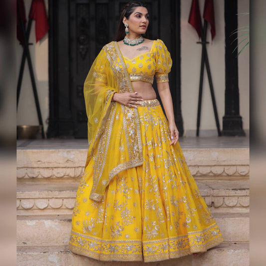 HALDI SPECIAL Yellow  Colour Embroidered Attractive Party Wear Silk Lehenga choli N1065