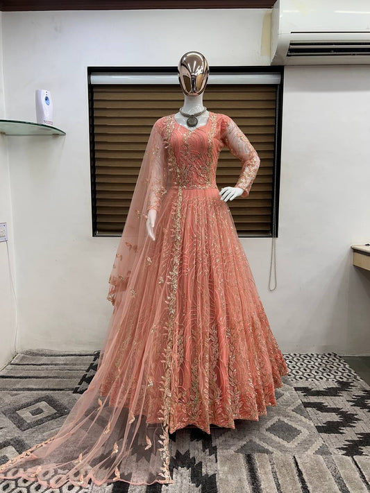 Peach colour  Đěsigner Party Wear Look Gown With Heavy 3mm Embroidery Sequence Work