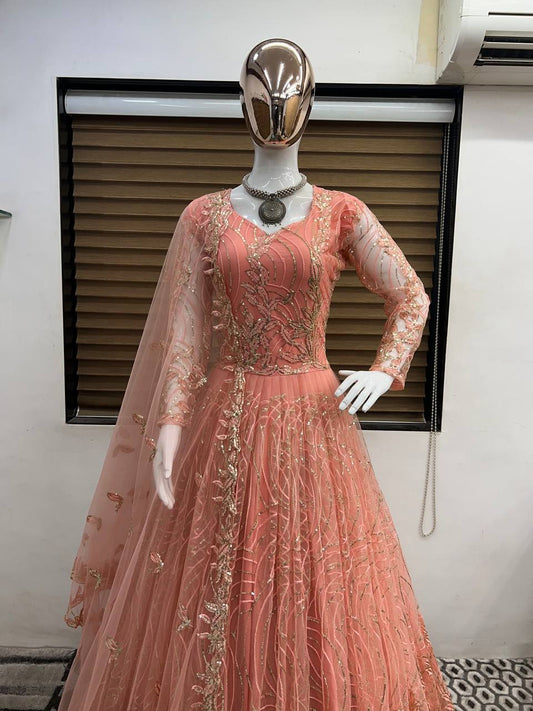 Peach colour  Đěsigner Party Wear Look Gown With Heavy 3mm Embroidery Sequence Work