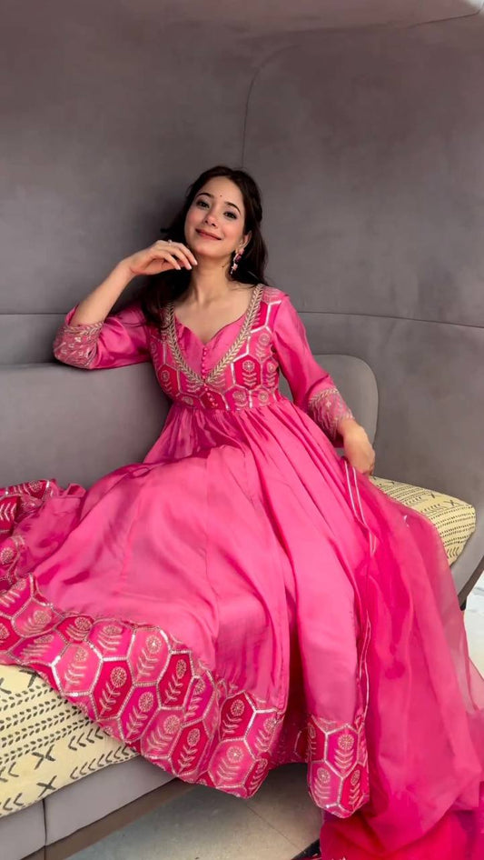 PINK Party Wear Look Embroidery And 5mm Sequence  gown with Dupatta*💥👗💃🛍👌